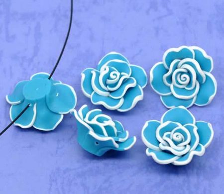 1x Fimo roos turquoise/wit 3 cm