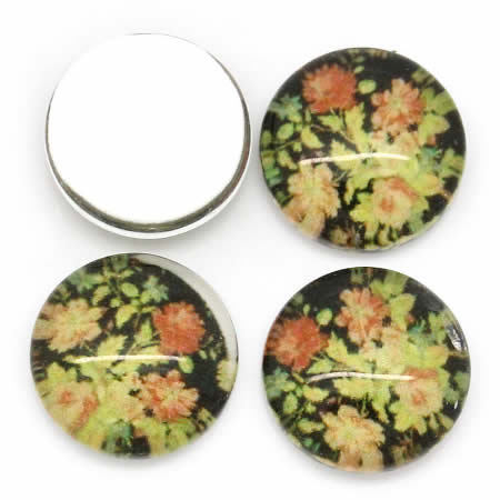 Glazen cabochon Zwart met bloemen