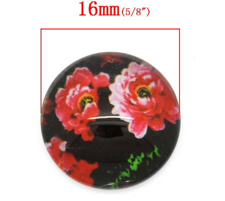 Glazen cabochon bloemen zwart/rood 16mm