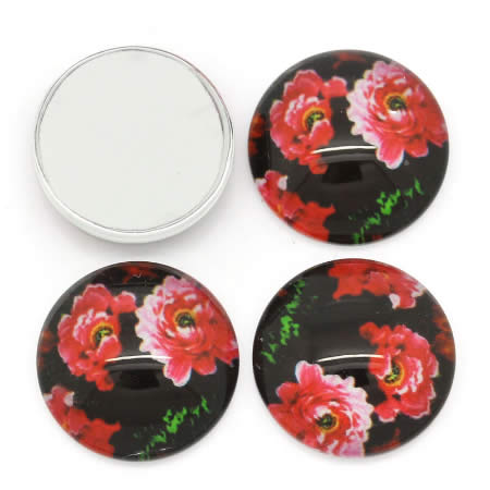 Glazen cabochon bloemen zwart/rood 16mm