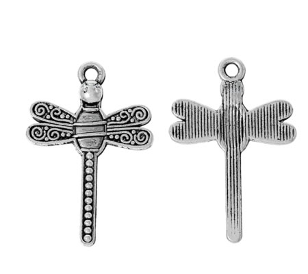 1x Bedeltje Libelle Donker Zilver 30 x 20 mm