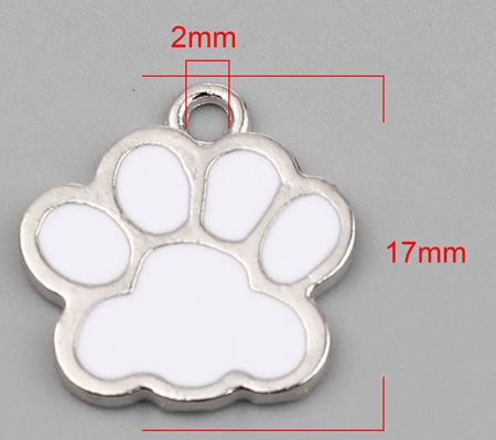 1x Bedel Honden Pootje Donker Zilver / Wit Emaillen